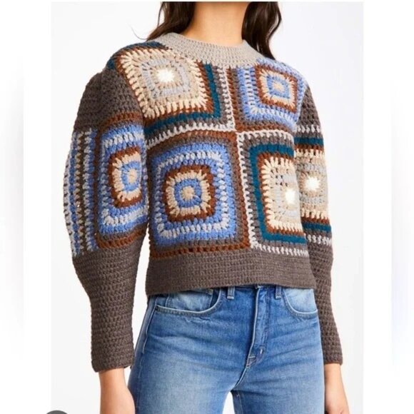 SEA New York Farrah Crochet Sweater Womens Size XS Brown Blue Wool Alpaca Crop - Picture 1 of 12